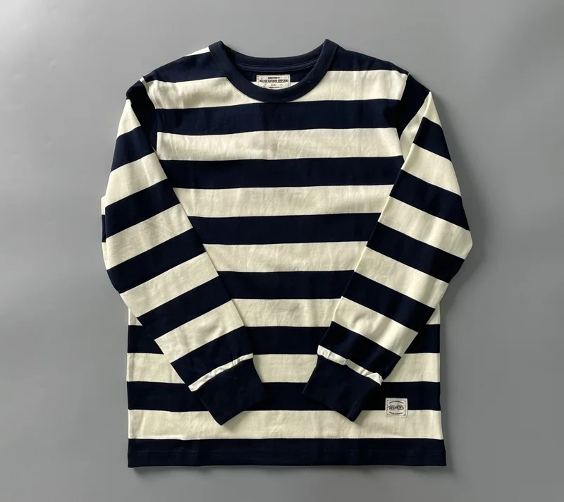 Heavyweight Pure Cotton Long Sleeve T-Shirt Men's Vintage Nautical Striped Base Layer Shirt Loose Fit Black White Crew Neck image 3