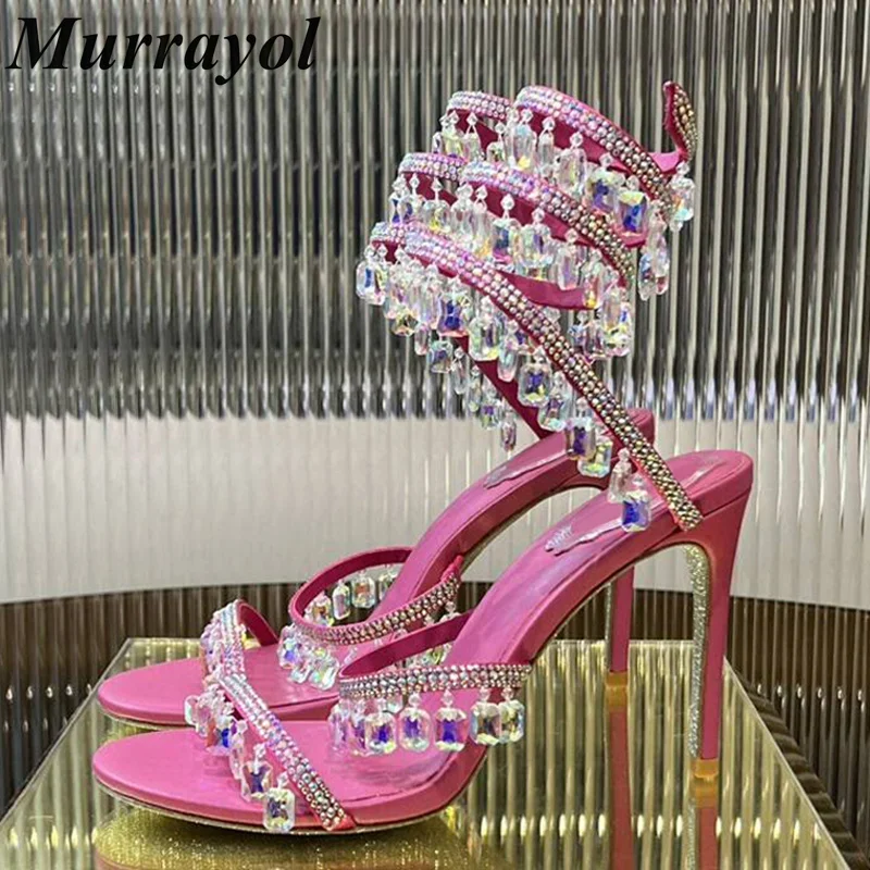 Sandalias Ankle Snake Shaped Strap Sandals Women Tassels Rhinestone Decor Thin High Heels Summer Bridesmaid Dress Shoes 2025