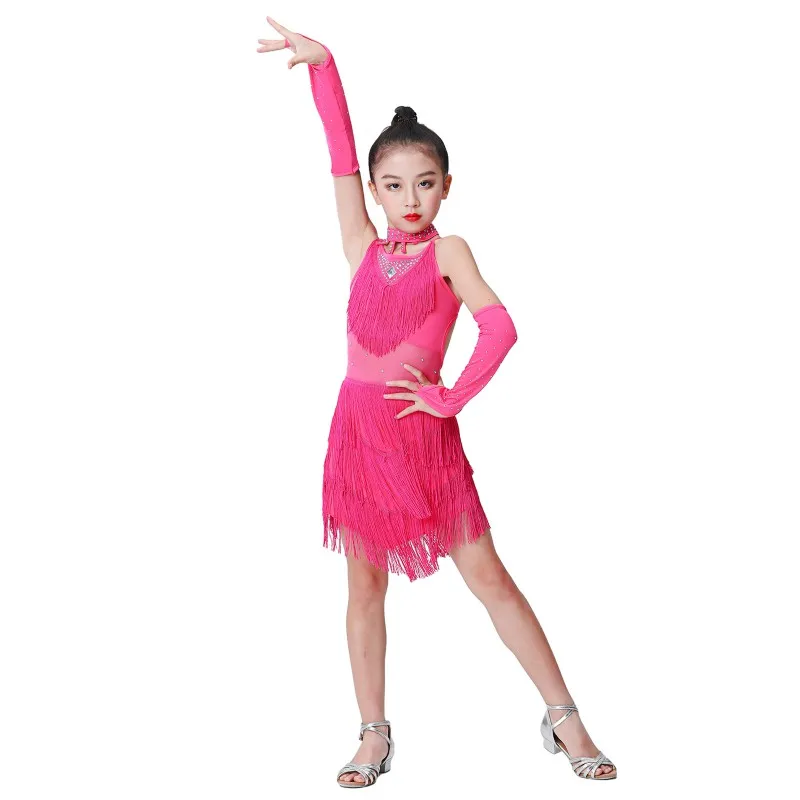 Latin Dance Dress for Girls 3-15Y Solid Tassel Dancing Dress Kids High Quality Professional Competition Suit Tango Costume