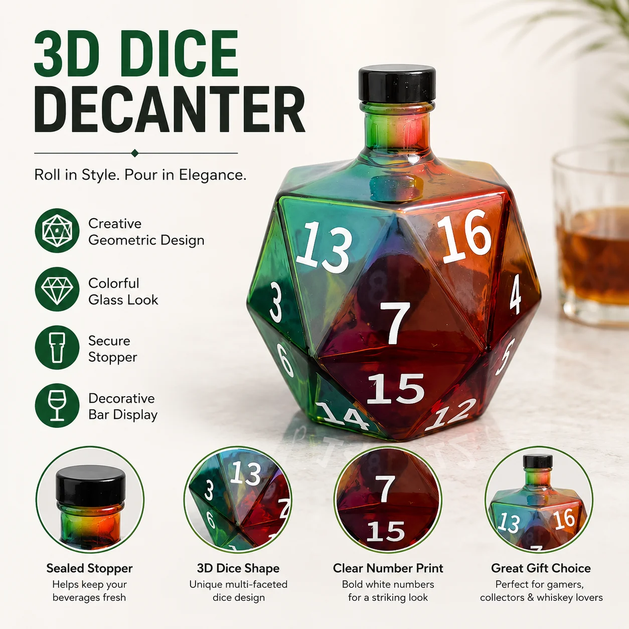 Creative D20 Dice Shaped Glass Decanter Rainbow Whiskey Bottle Polyhedral Wine Flask for Bourbon Spirits Bar Decor Gift