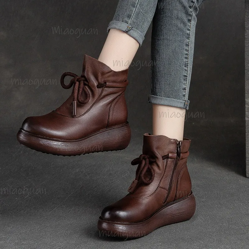 Retro Women Platform Ankle Boots Brown Leather Side Zip Lace‑up Round Toe Thick Sole Wedge Short Boots Casual Winter Autumn Shoe