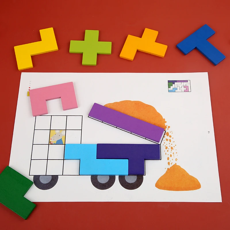 Wooden Geometric Shape Matching Puzzle Toy Tangram Math Toys Table Game Building Blocks Board Shape Sorting Toy Colorful Puzzle