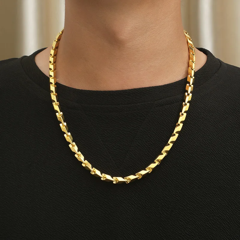 

High Quality Stainless Steel Diamond Geometric Necklace Hip Hop 18k Gold Plated Melon Seed Chain Men's Necklace 7mm Wide Chain
