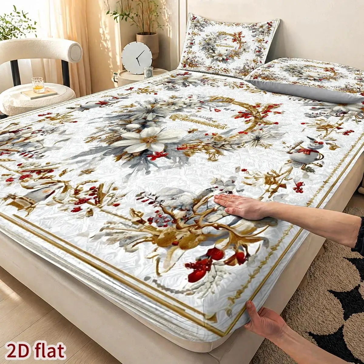 Winter Snowflakes and Reindeer Theme, European Palace Style 3-Piece Mattress Protector Set, Christmas Decoration 2D Flat Printing, Mattress Cover, Christmas, Mattress Protector Suitable for All Seasons, Machine Washable, Suitable for Home, Dormitory, Master Bedroom, Guest Room, Soft and Skin-Friendly, Dust-Proof and Mite-Proof, High Elasticity Fit, Easy to Store and Portable