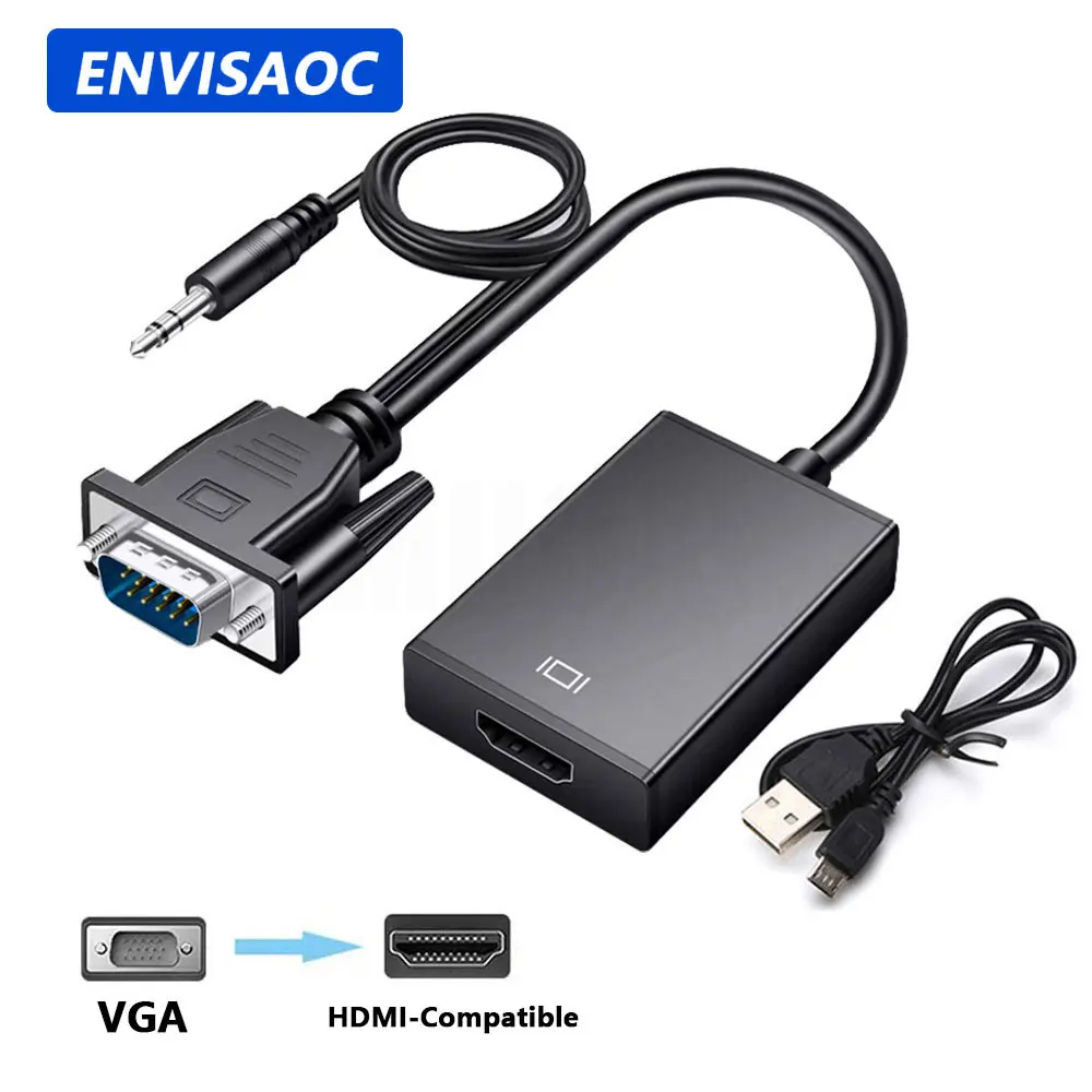 Vga para hdmi-cabo adaptador de conversor completo compatível hd 1080p com saída de áudio adaptador vga hd para computador portátil para projetor hdtv