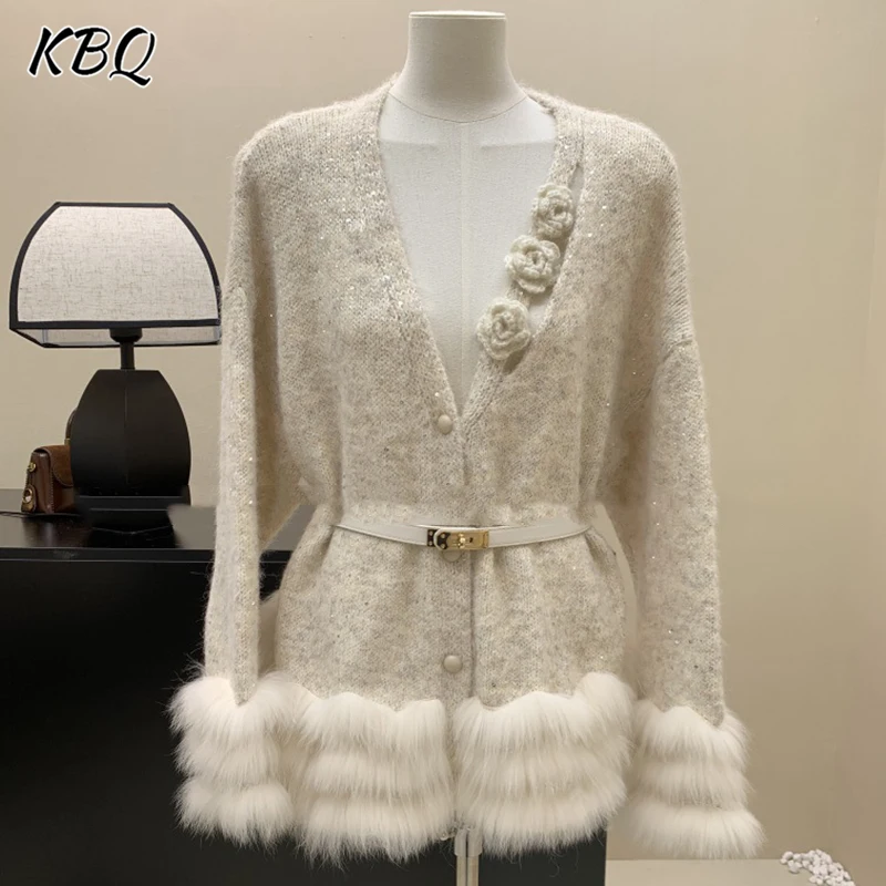 

KBQ однотонная туника с аппликацией, вязаный свитер для женщин, v-образный вырез, длинный рукав, лоскутное перо, корейский кардиган, куртка, женский