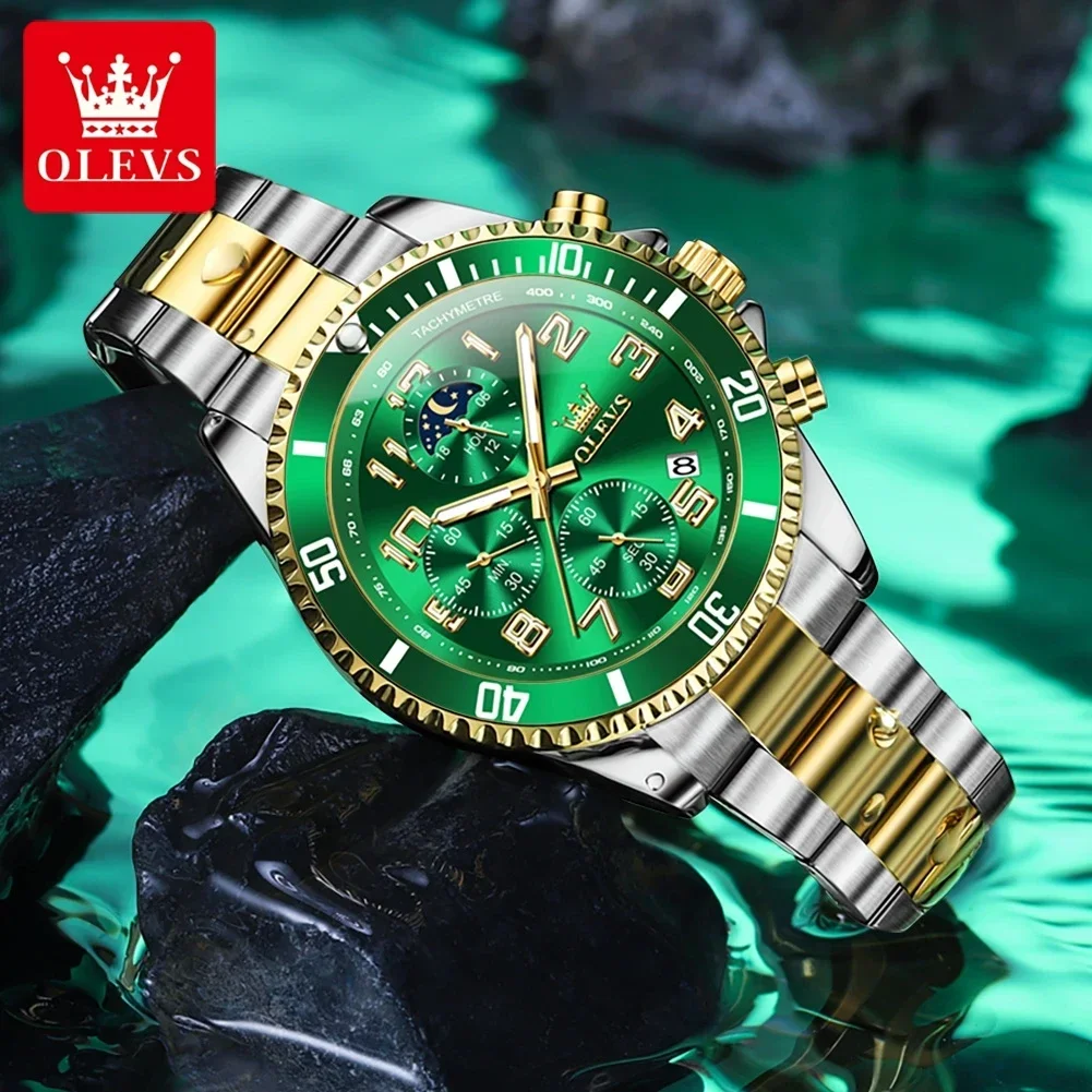 OLEVS Luxury Men's Watches Original Quartz Watches for Men Stainless Steel Moon Phase Diving Log Luminous Date Male Wrist Watch