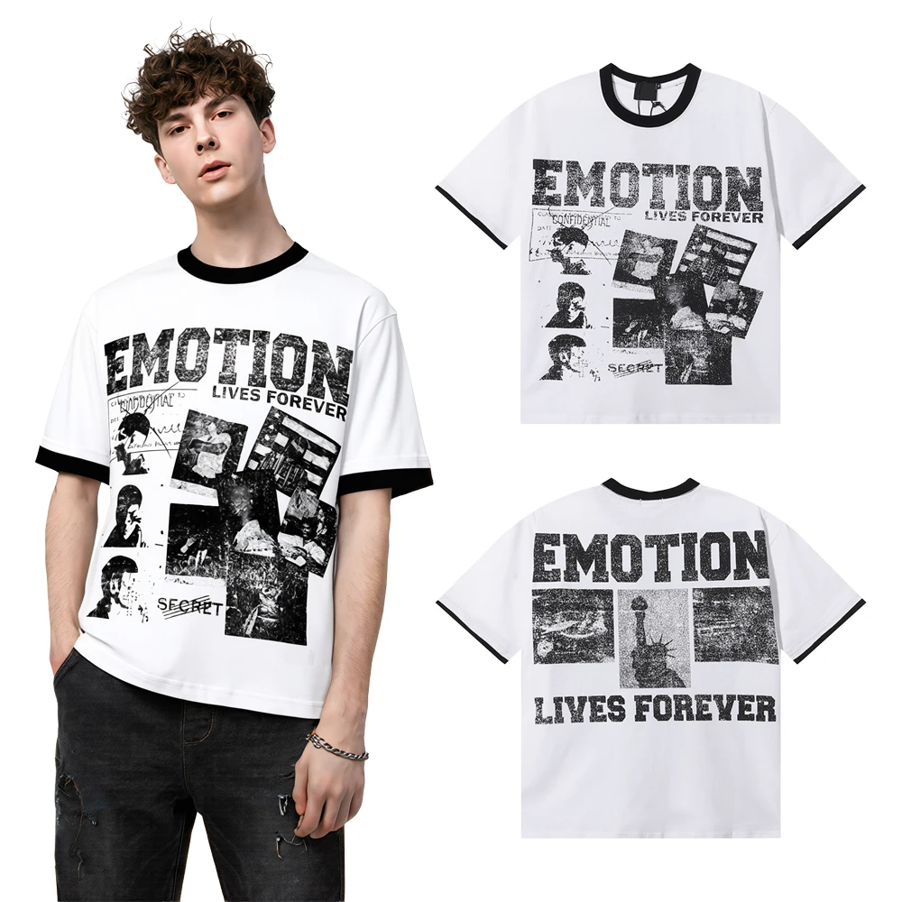 Summer American Y2k Streetwear Street Graphic T Shirts Hip Hop Street Style Cotton Casual Retro Patchwork Short Sleeve Tees Tops