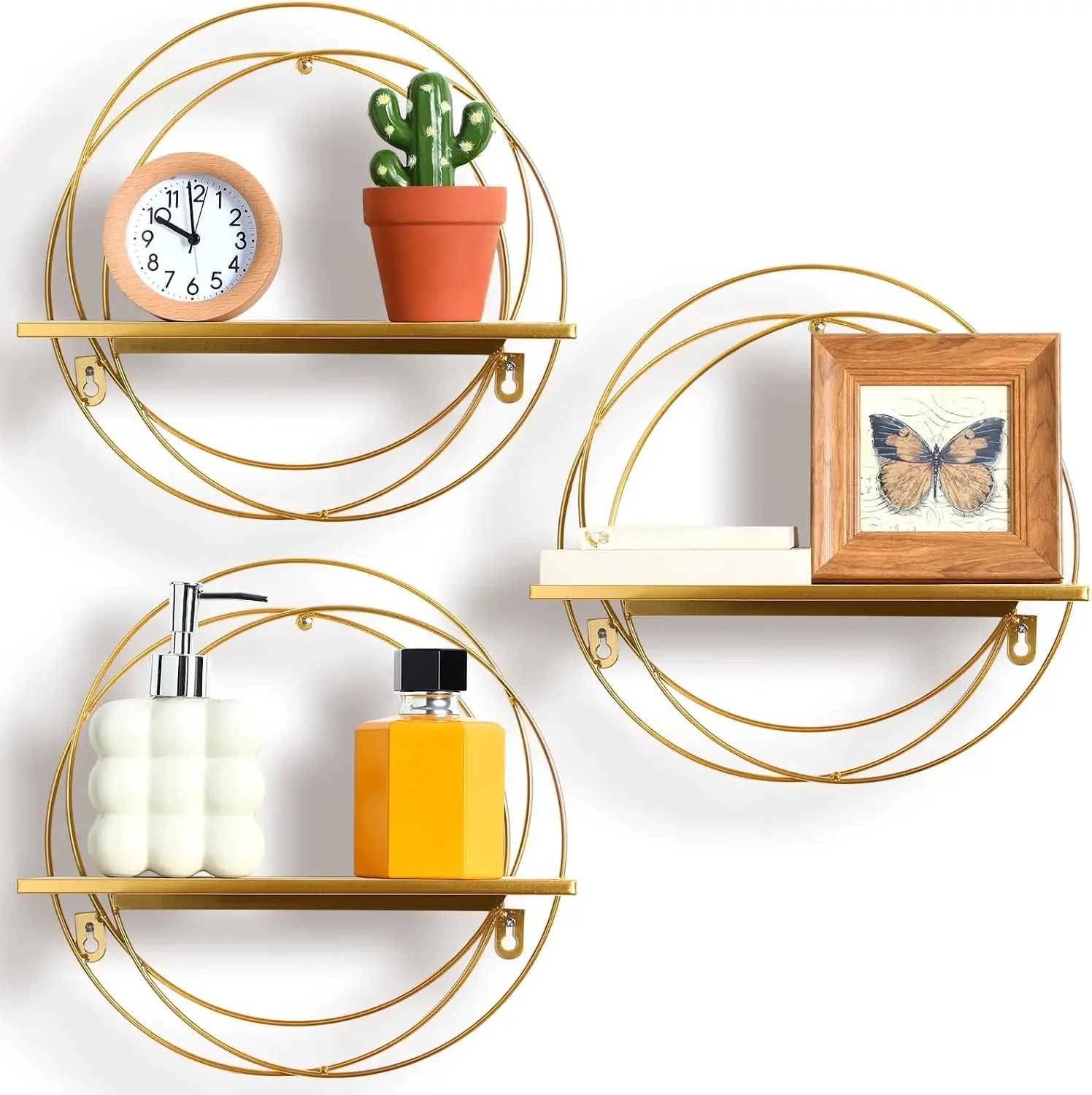 

Gold Floating Rack Wall Hanging Rack, Gold Metal Wire and Wood, Round Shelving Wall Decor for Storage Bedroom Bathroom Living Room Kitchen Office Home Decor
