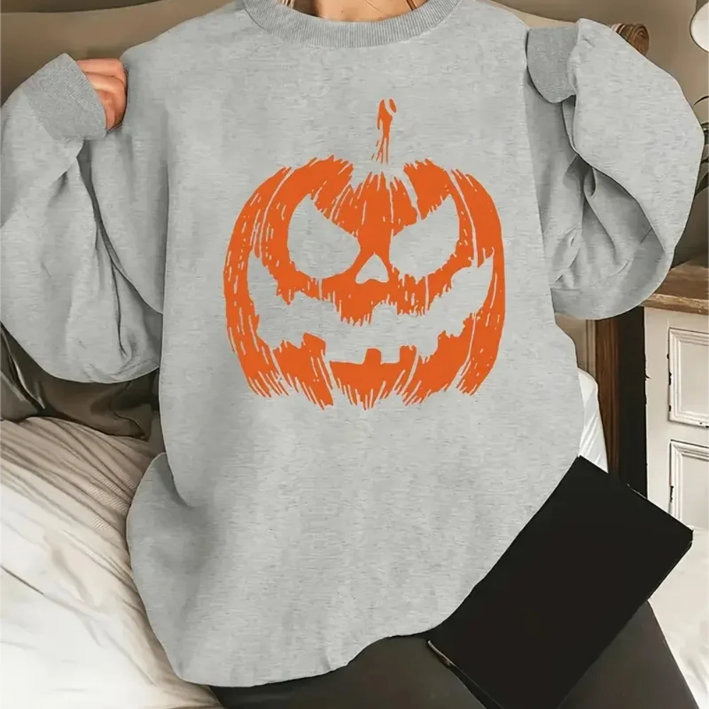 Kaus Gambar Labu Kota Halloween Pakaian Olahraga Fashion Lembut Wanita Kaus Kasual Musim Gugur Pakaian Cocok untuk Semua Gaya Jalanan