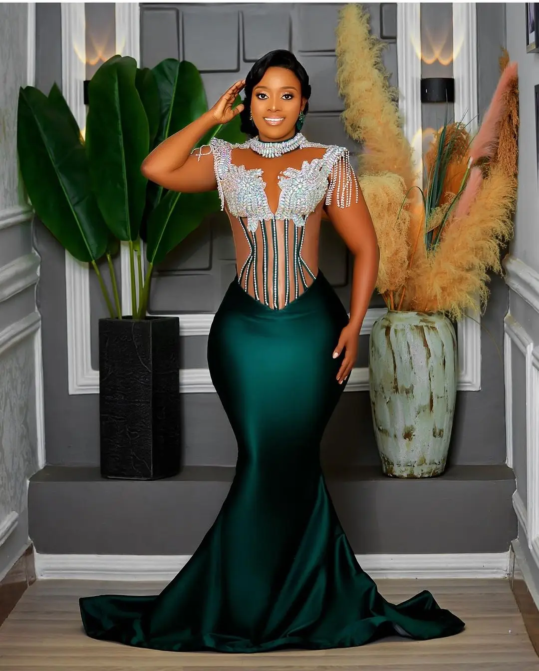 Plus Size African Formal Prom Dresses with Detachable Train Handmade Tassels Beaded Black Women Evening Dress Asoebi Party Gown