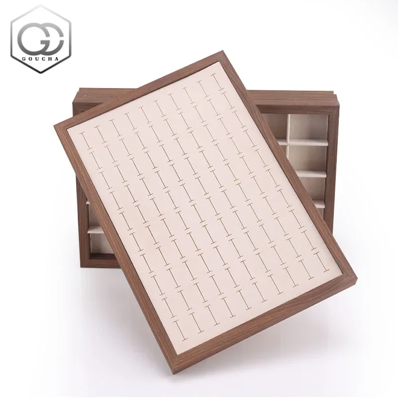 الجوز الأسود الخشب الحبوب علبة مجوهرات حلقة قلادة سوار صندوق عرض Mie البيج المخملية مجوهرات اكسسوارات التخزين المنظم #1