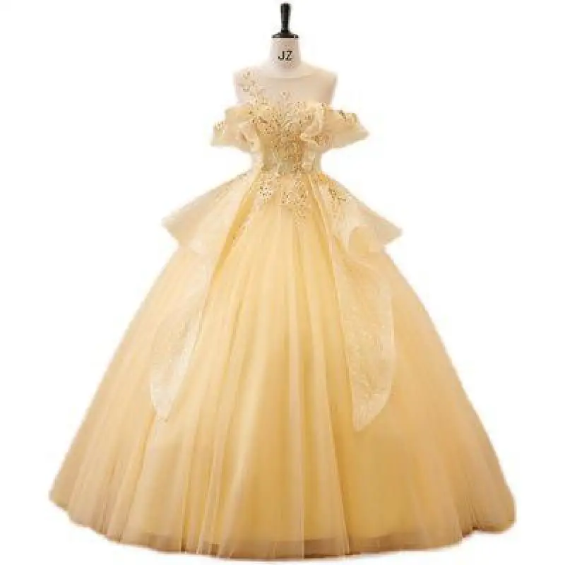 New Yellow Quinceanera Illusion Scoop Neck Shiny Tulle Ball Gown Classic Off The Shoulder Flower Vestido De Debutante Customized