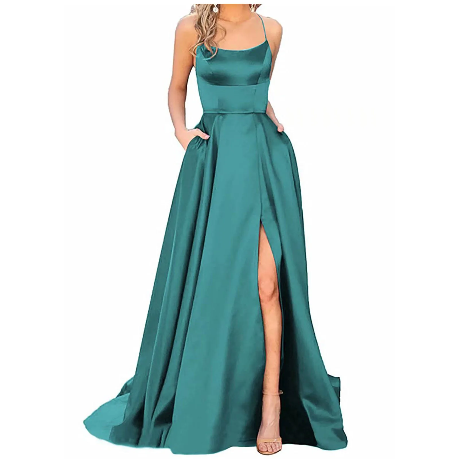 Evening Dress Women\'S Long Dresses  Backless Long Dresses Satin Strap Party  Dress Side Slit Wedding Pockets Dress Evening Dress