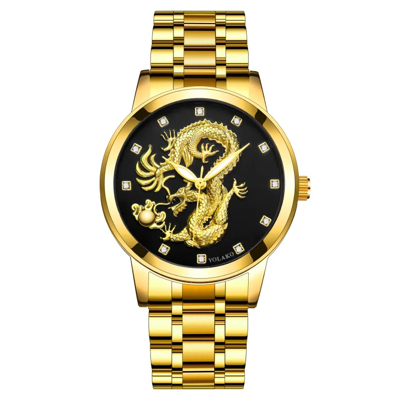 Montre Dragon Style Chinois pour Homme, Non Mécanique, Diamant, Étanche, Ceinture en Acier, Quartz, Or, Fa