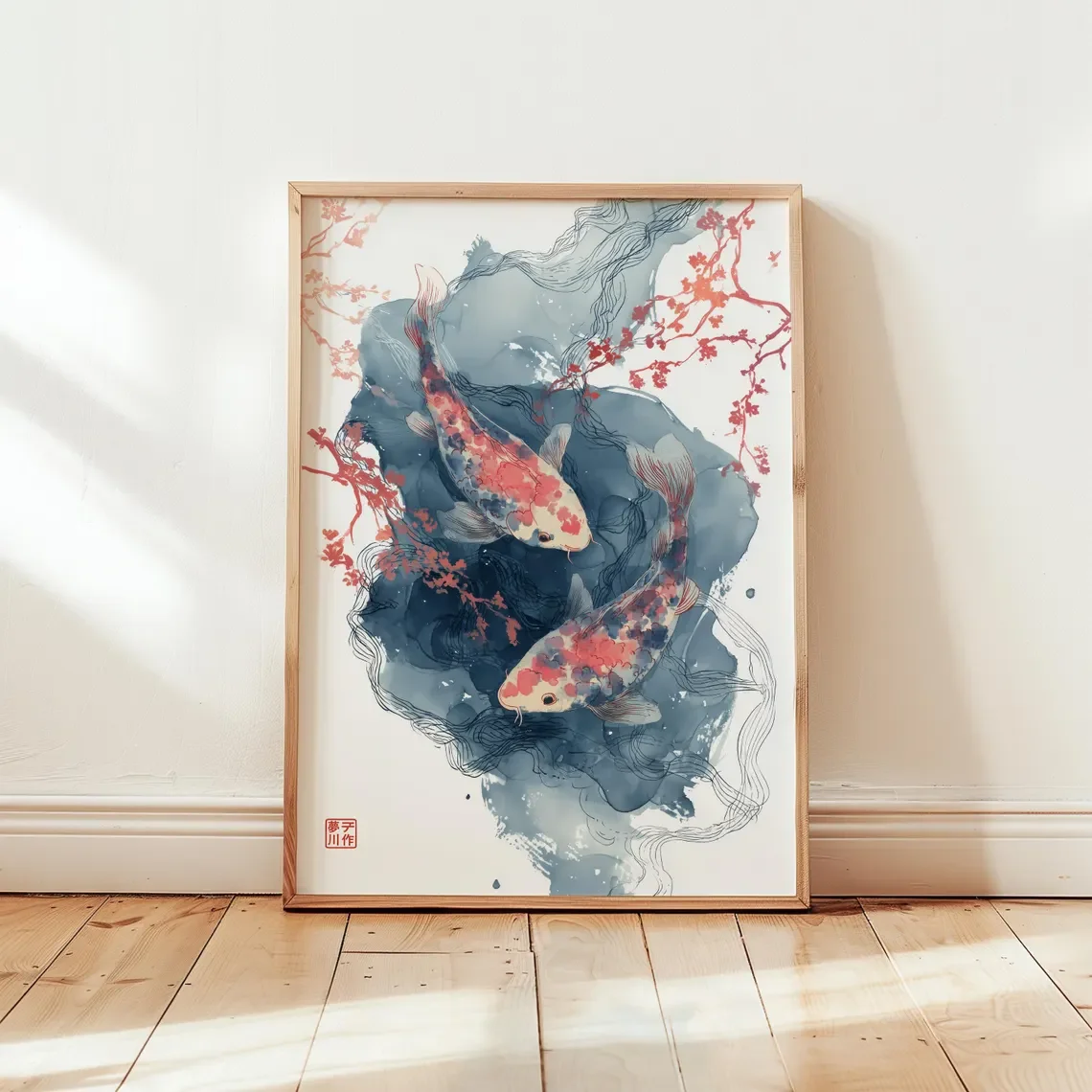 Two Koi Fish Watercolor Wall Print Decor - Traditional Japanese Ink Wash Painting of Colorful Koi Fish Swimming with Cherry Blos