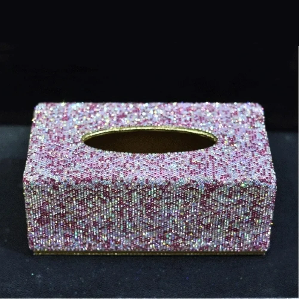 Paper Box Cover Case for Home Car Office use Sparkly Fashion Car Tissue Box with Bling Bling Crystals Pink White Gold Towel