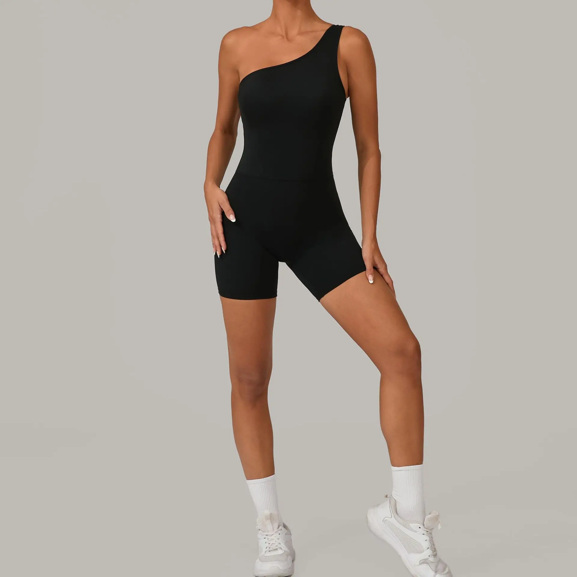 

Fashion Oblique One-shoulder Tight Unitard Women Gym Romper Summer Sexy Monkeys Yoga Sport Short Jumpsuit Fitness Playsuit Black
