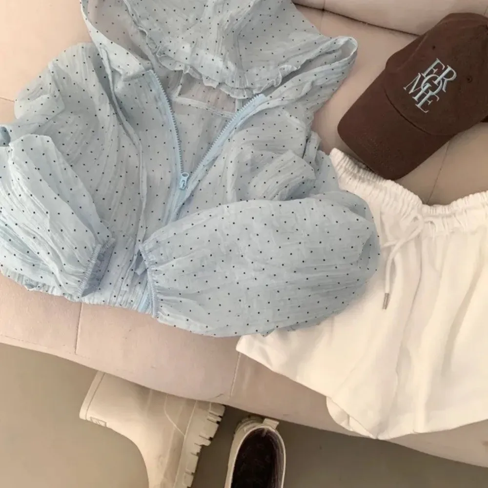 Casual Polka Dot Sun Protection Jacket Loose Fit Thin Hooded Jacket Breathable Long Bubble Sleeve Quick Dry Jacket