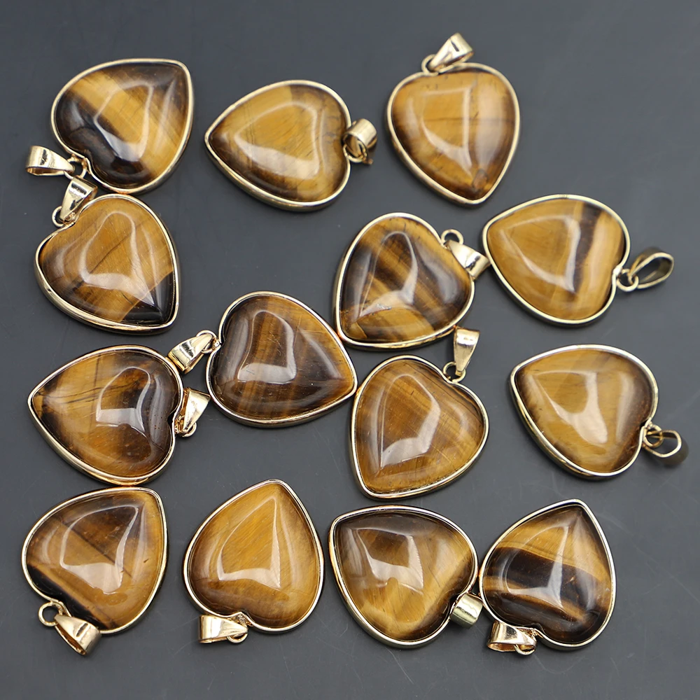 New Natural Heart Shape Tiger Eye Stone Pendant Necklace Electro Plated Gold Edge Fashion Charms Making Jewelry Accessories10Pcs