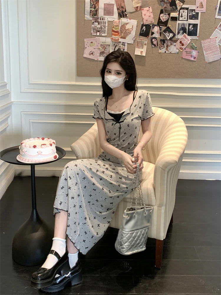 Kleider Kurzarm Damen Nacht 2025, Frau, Frühling, Satin, Fliege, geraffte Taille, Rüschen, A-Linie, normale Passform, romantisches Picknick, süß