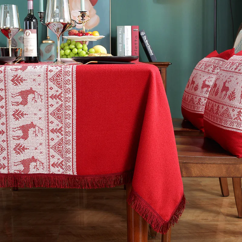 

Christmas Wedding Knitted Jacquard Red Deer Tablecloth Large Row Tassel Rectangular Tablecloth Yarn Dyed Jacquard Elk Decorative