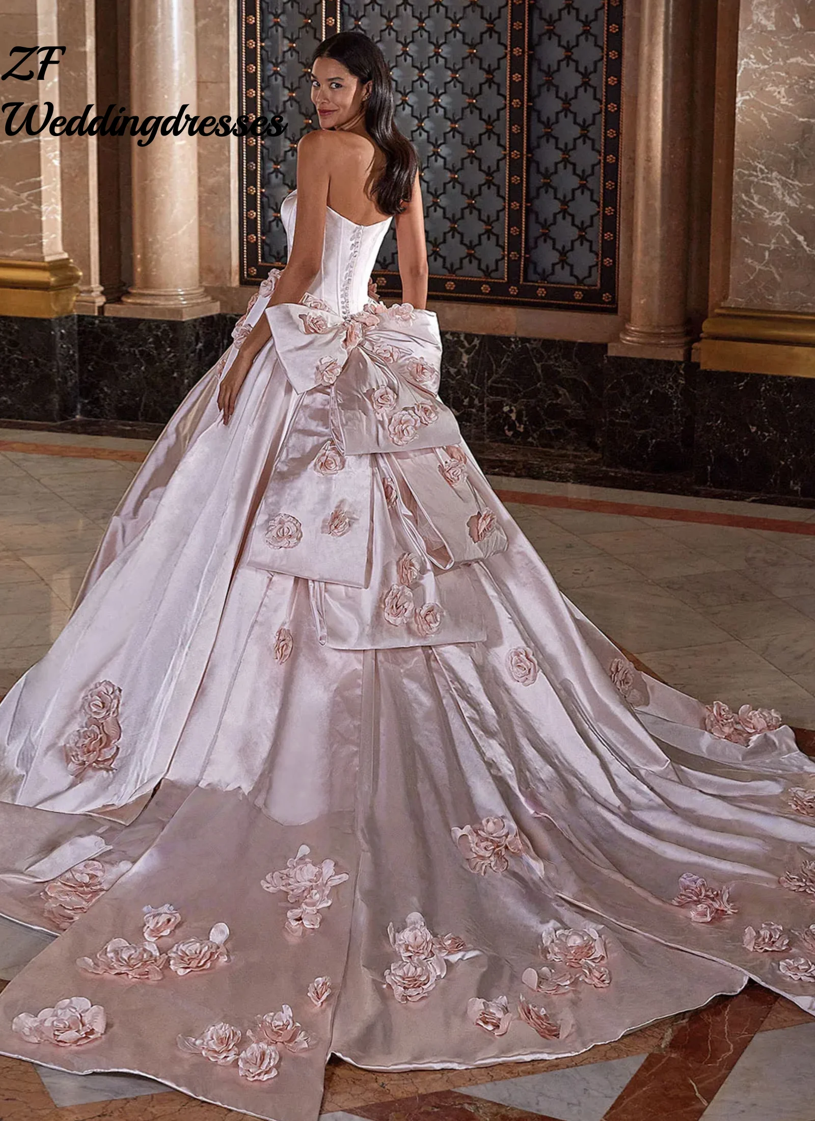 Customized  Strapless Neck Zipper Up Back Detachable Long Sleeve 3D Flowers Bow Satin Ball Gown Wedding Dress Vestido De Noiva
