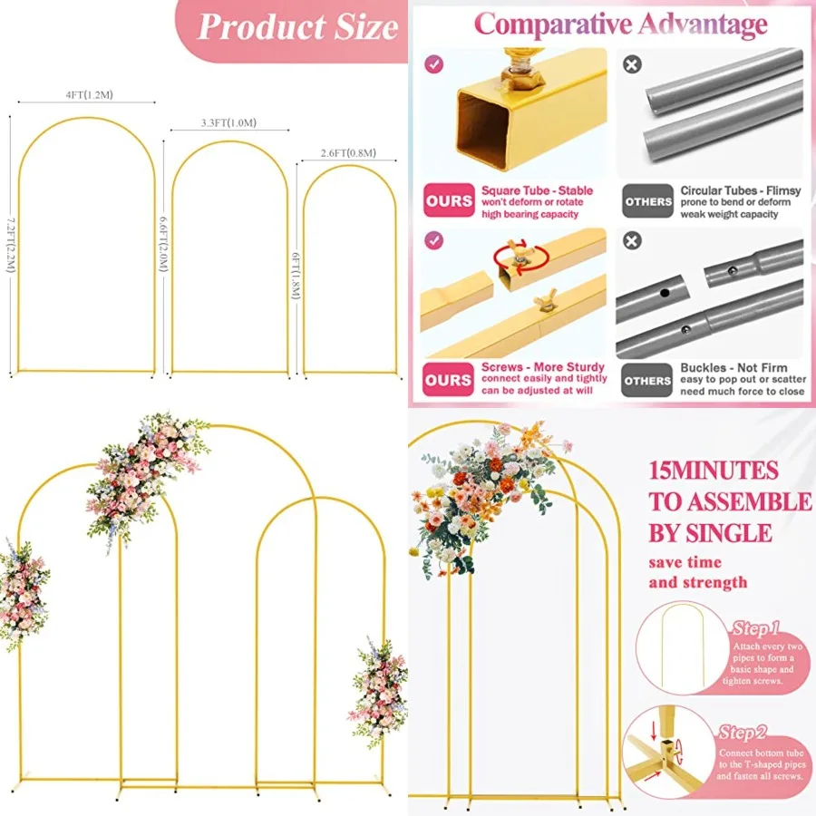 

Metal Arch Backdrop Stand Set of 3 Wedding Arch Stand 7.2FT and 6.6FT and 6Feet Arched Backdrop Frame for Birthday Party Baby S