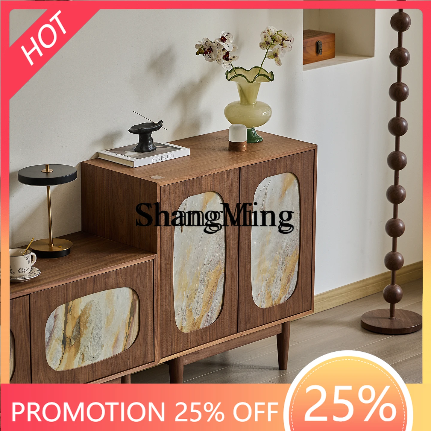 

FG walnut side cabinet medium and ancient style locker high value corner cabinet solid wood light luxury storage cabinet