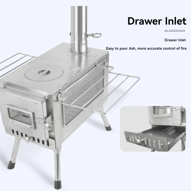 Stainless Steel Portable Folding Three-dimensional Double-sided Glass Window Pattern Portable Tent Wood Burning Stoves