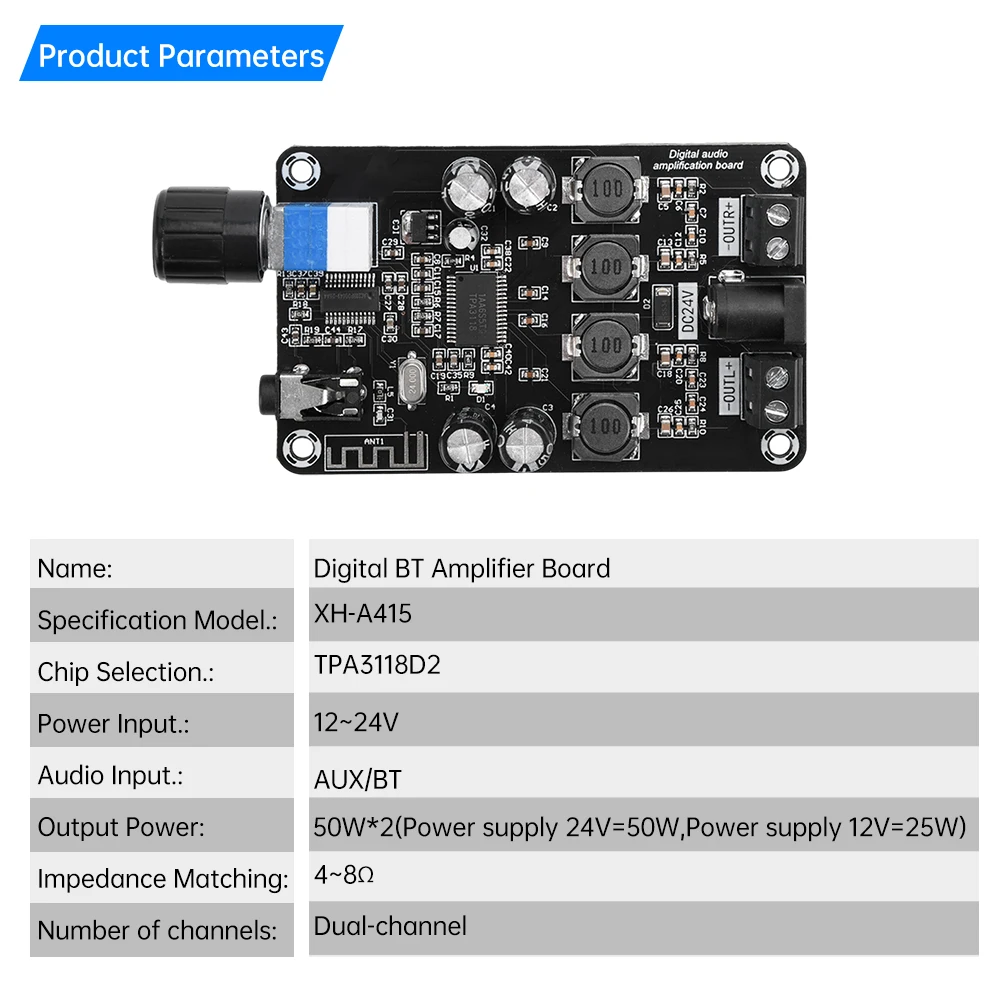 DC 12V~24V Class D Amplifier 50W*2 HiFi Stereo Wireless Bluetooth Audio Amplifier Volume Adjustable with Protection Function