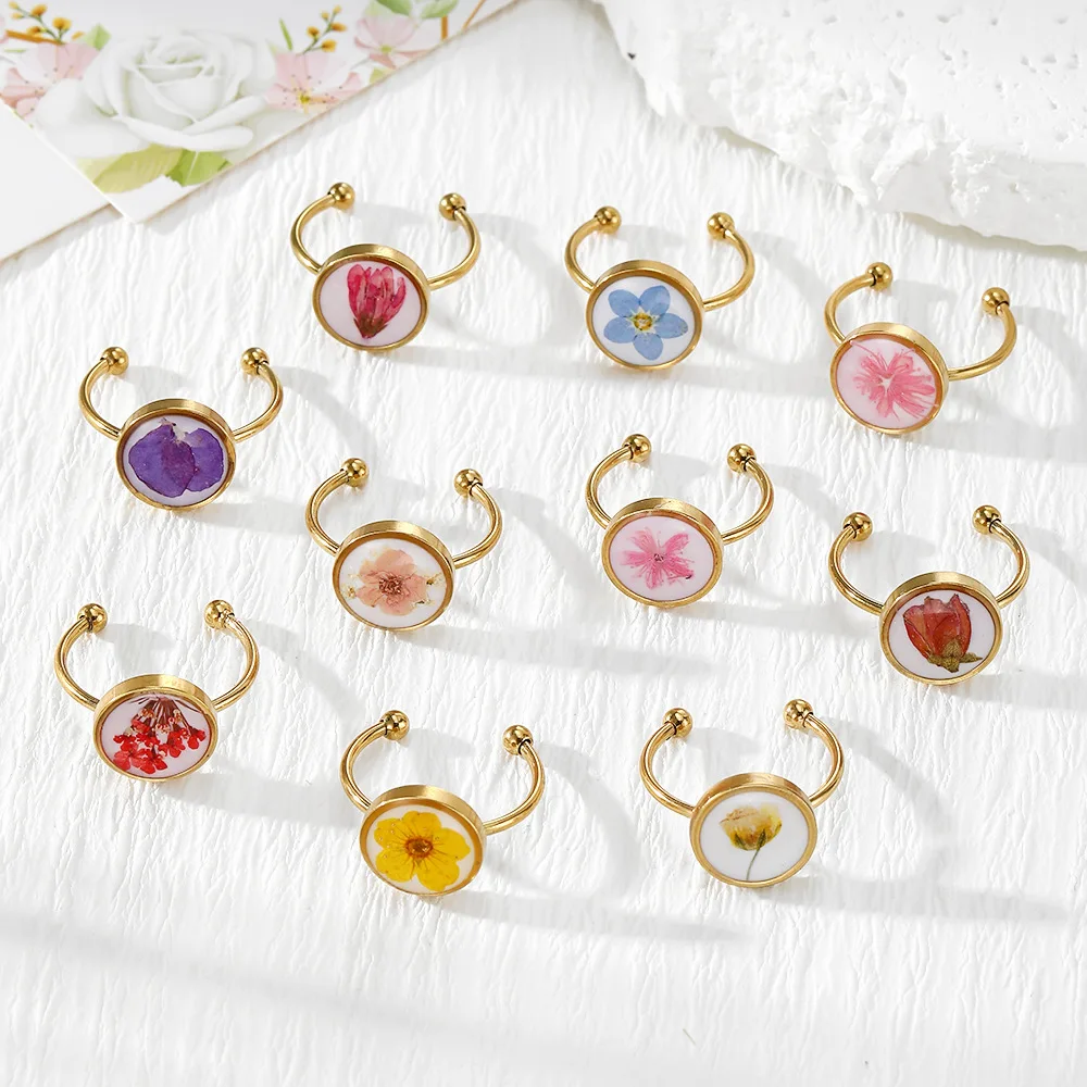 

10 шт., круглые кольца из нержавеющей стали с сушеными цветами для женщин, кольцо с вечным цветком и открытым пальцем, ювелирные изделия, обручальное кольцо, подарок, оптовая продажа