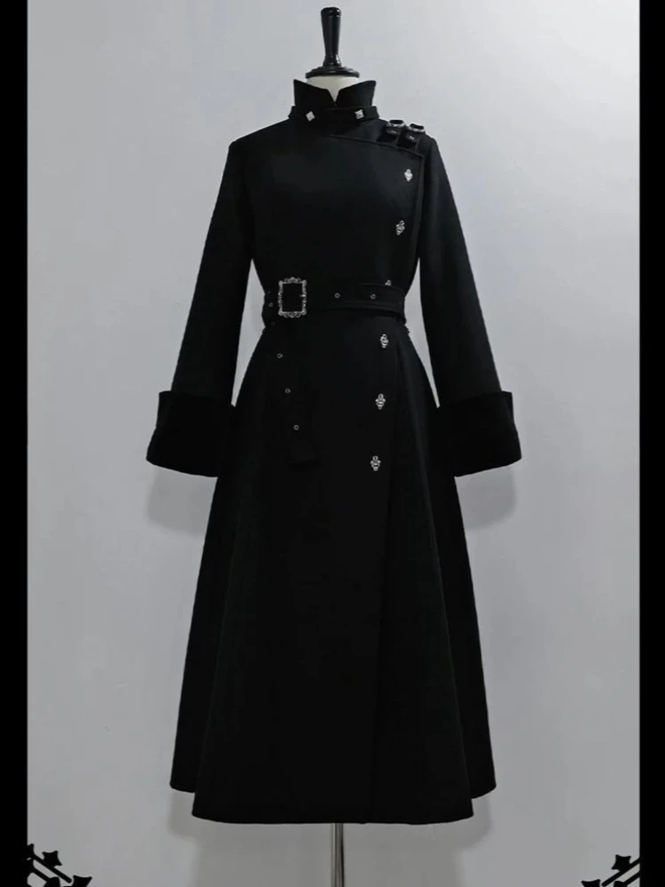 2025 الشتاء القوطية مربوط سليم منتصف طول معطف الصوف أسود أنيق المرقعة خندق شارع العليا مكتب سيدة سترات رجالي جديد #3