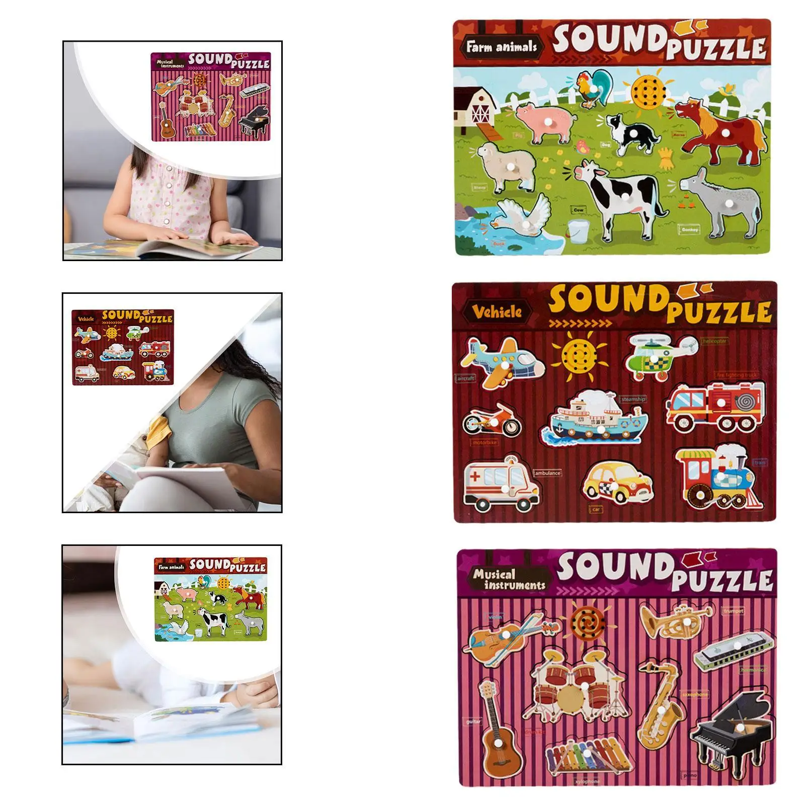 لعبة تعليم الصوت الخشبية الممتعة للتعليم المبكر لعبة أحجية الصور المقطوعة للأطفال الصغار 2 3