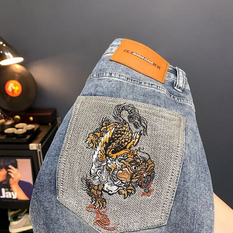 New 2026 Men's Slim Fit Embroidered Hole Denim Jeans Summer Thin Fashion Brand Elastic Long Pants Youth Popular Wear Resistant
