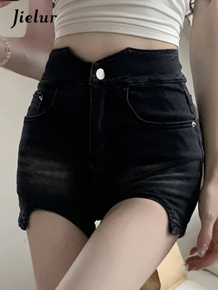 Jielur, pantalones cortos vaqueros femeninos de cintura alta Vintage de estilo americano, pantalones cortos ajustados a la cadera sexis de Color sólido para mujer, pantalones cortos elegantes de oficina para mujer
