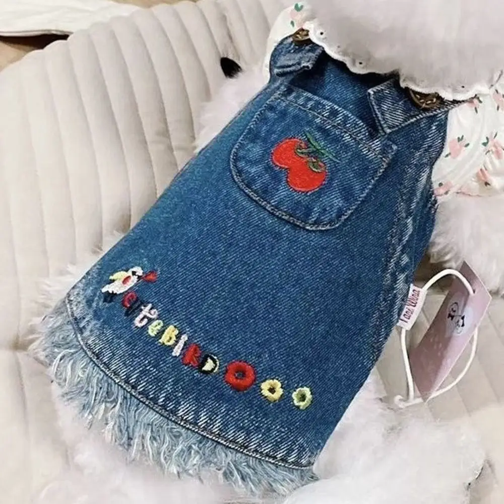 Pastoral Cute Pet Cherry Jeans Skirt Washable Reusable Dog Denim Dress With Pattern Pet Clothing Spring/Summer