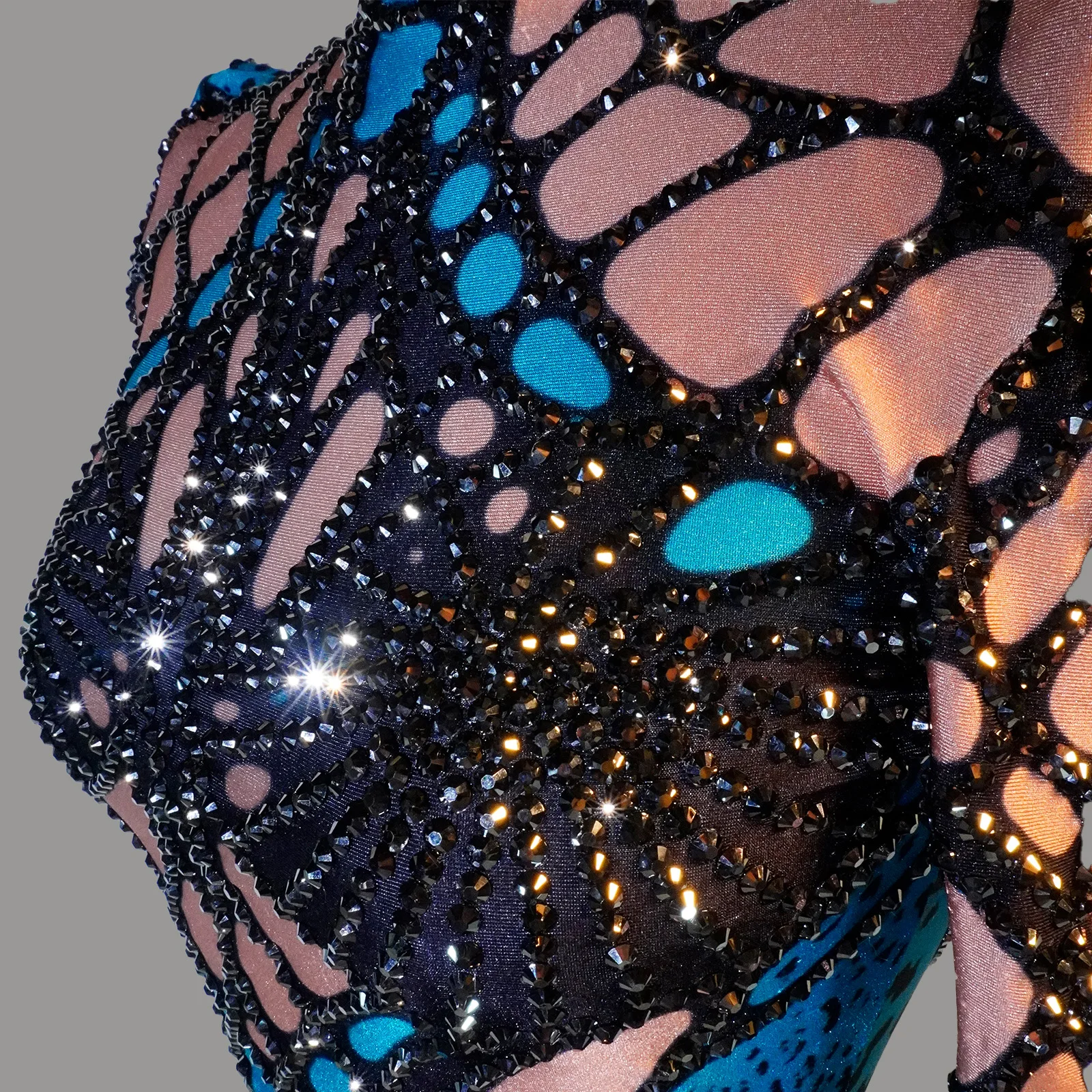 Blue Color Block Sparkly Rhinestone Turtleneck Long Sleeve Sexy Bodysuit Drag Queen Party Bar Stage Performance Costume view 5