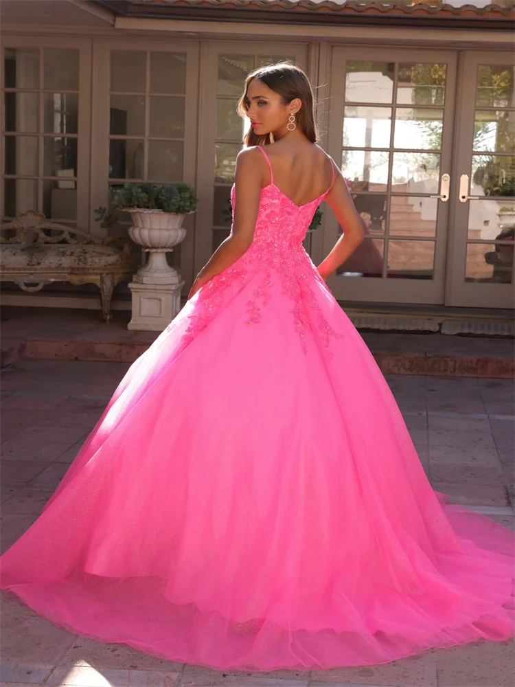 Elegant Square Neckline Applique with Thin Straps Sleeveless Tulle A-Line Prom Dress Open Back Zipper Sweep Train Party Gowns