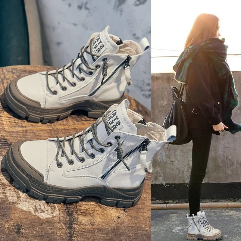 Leather Ankle Boots For Women Heels Short Boots Female Chunky Shoes Woman Flats Platform Heels Women's Shoes Rubber Sole