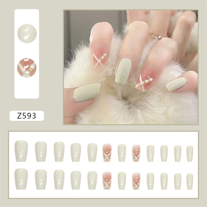 

24Ps/Set Short Ballet Fake Nail Tips Milk White Pure Desire Designs Wearing False Nails Blush Pearls Drill Models Press on Nails