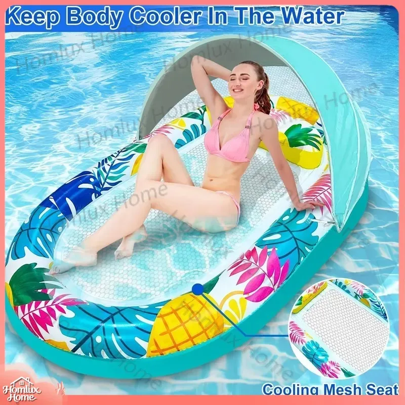 Inflatable Pool Pontoon Deck Chair with Canopy Adjustable Awning Headrest for Adults Tanning Raft Inflatable Floating Lounge