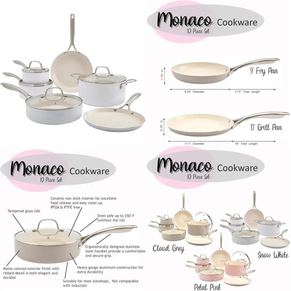

Monaco Series 10-Piece Nonstick Aluminum Cookware Set in Snow White by Denmark Tools for Chefs