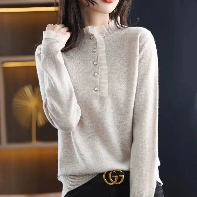 Women Autumn Winter Simplicity Loose Net Yarn Solid Color O-neck Long Sleeve Knitwear Ladies Casual All-match Knitting Tops