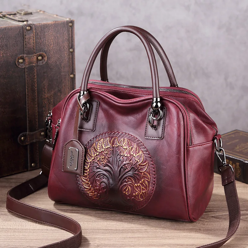 

Vintage Leather Crossbody Bag Women's Embossed Handmade Tote Shoulder Bag Large Capacity Anti-Theft Purse
