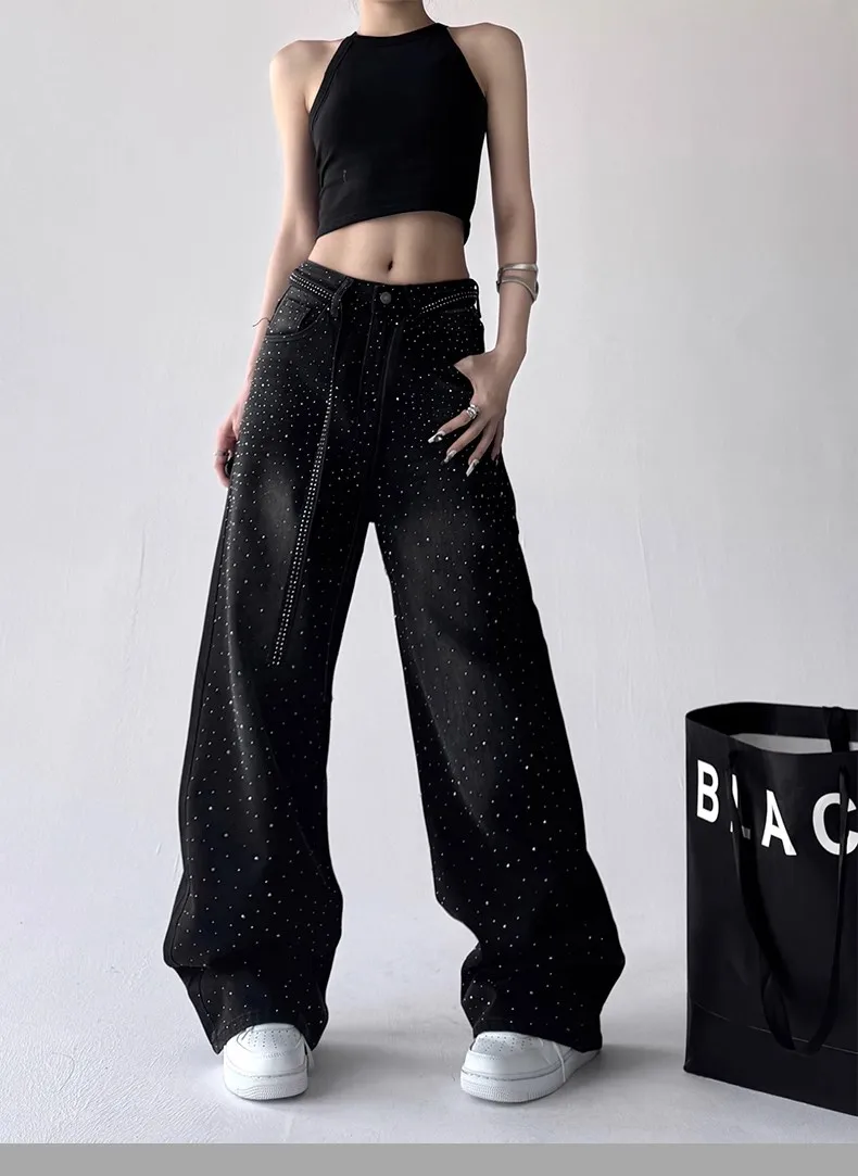Y2K 별이 빛나는 하늘 청바지 여성 하이 웨이스트 핫 스탬프 다이아몬드 디자인 루즈 피트 와이드 레그 바닥 길이 가을 바지