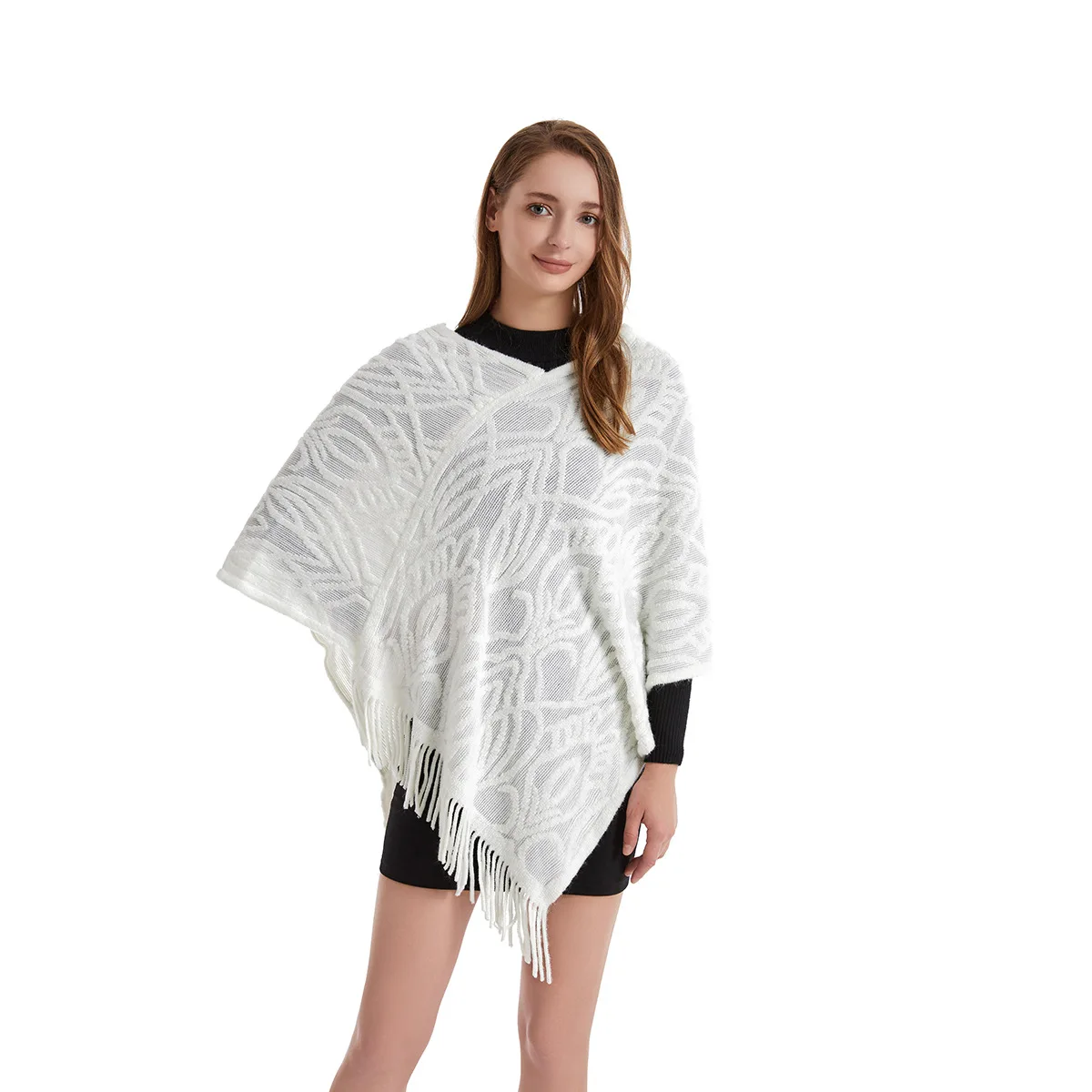 33 White Style Spring Autumn Women Horn Buckle Hollow Sweater Warm Shawl Knitwear Tassel Knitted Loose Pullover Triangle Coat