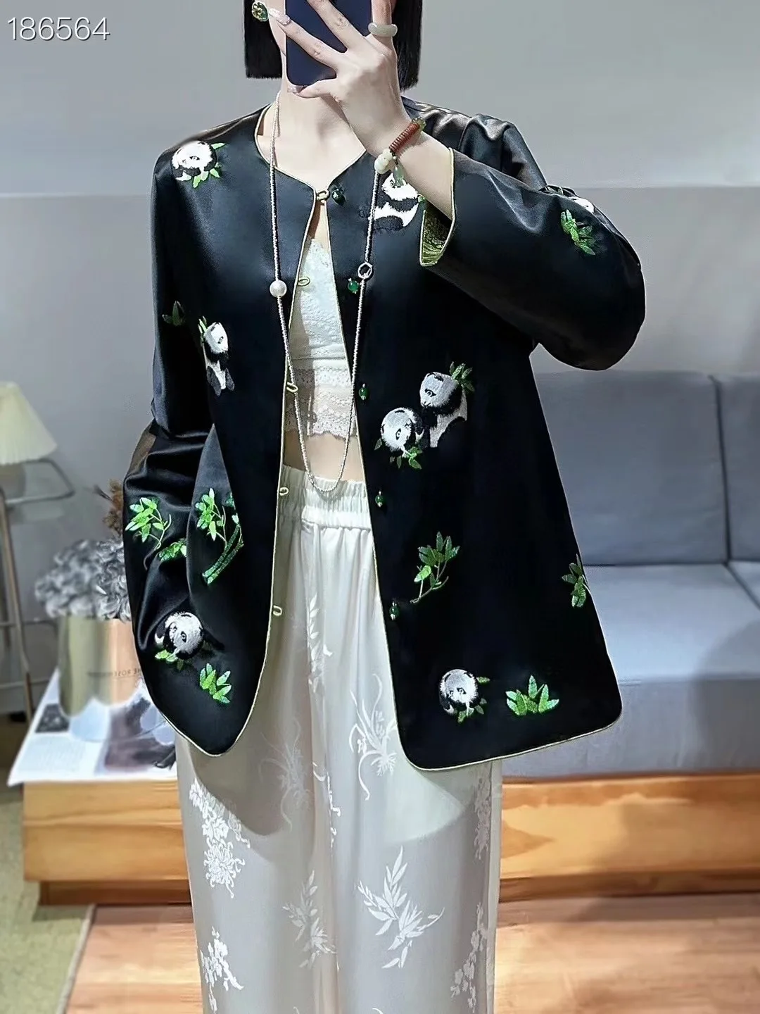 Embroidery Chinese Panda Outfit Women Acetate Tangsuit