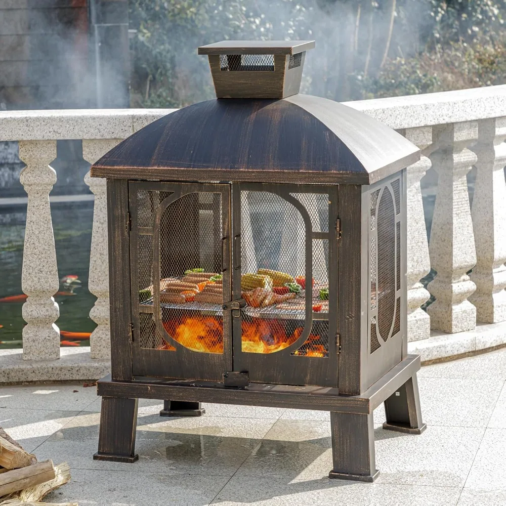 45 Inch by 31 Inch Metal Chiminea Fire Pit with Grill and Fire Poker