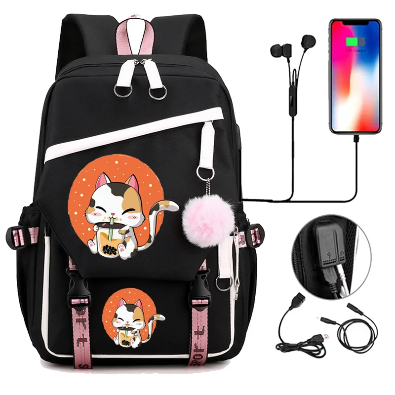 Kawaii Backpack Women 2024 Cat Boba Anime School Bags for Teenager Girls Bookbag Bubble Tea Lady Travel Backbag Shoulder Bags